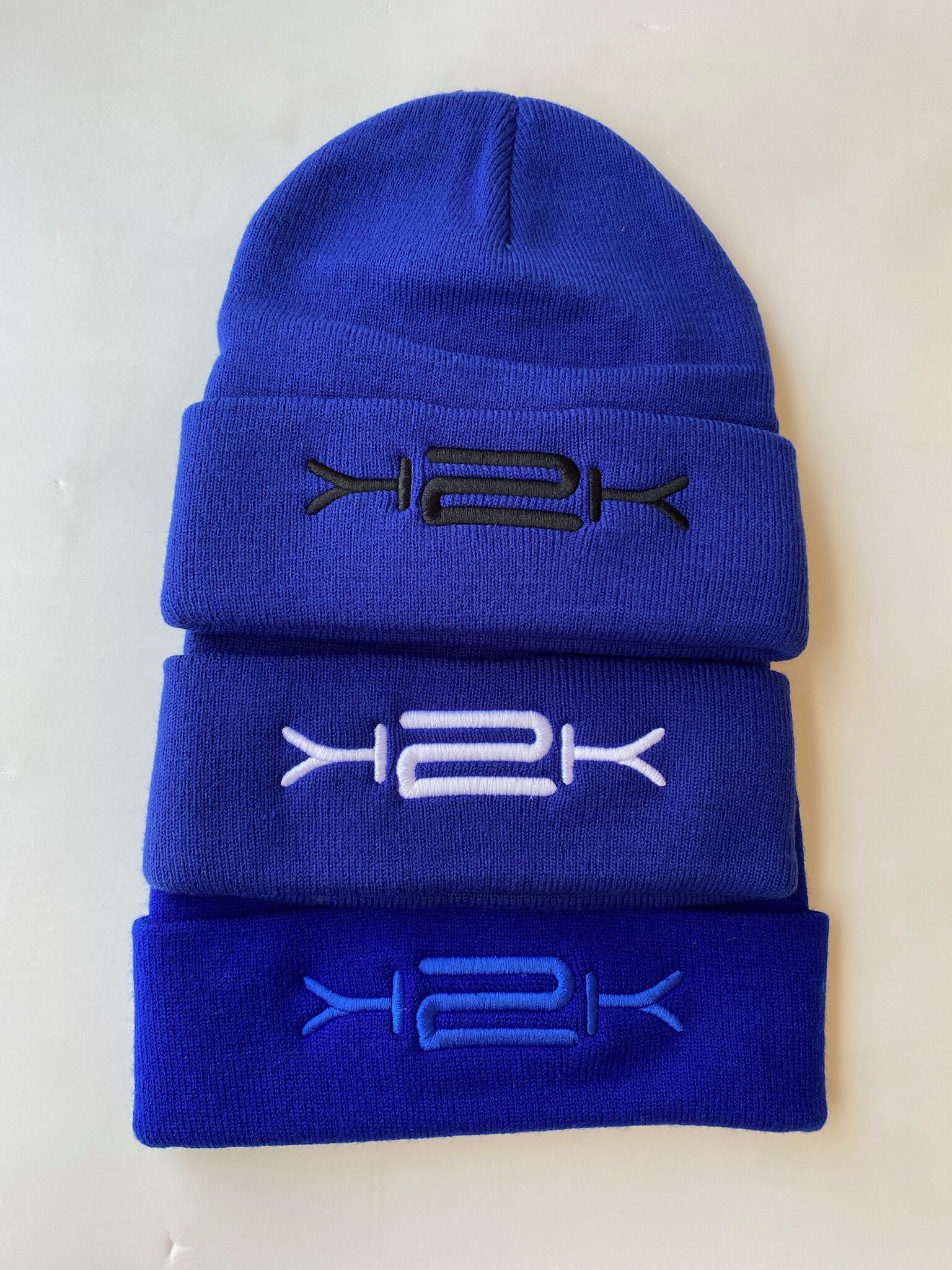 K2K blue beanie with custom embroidery colour options in multiple colours