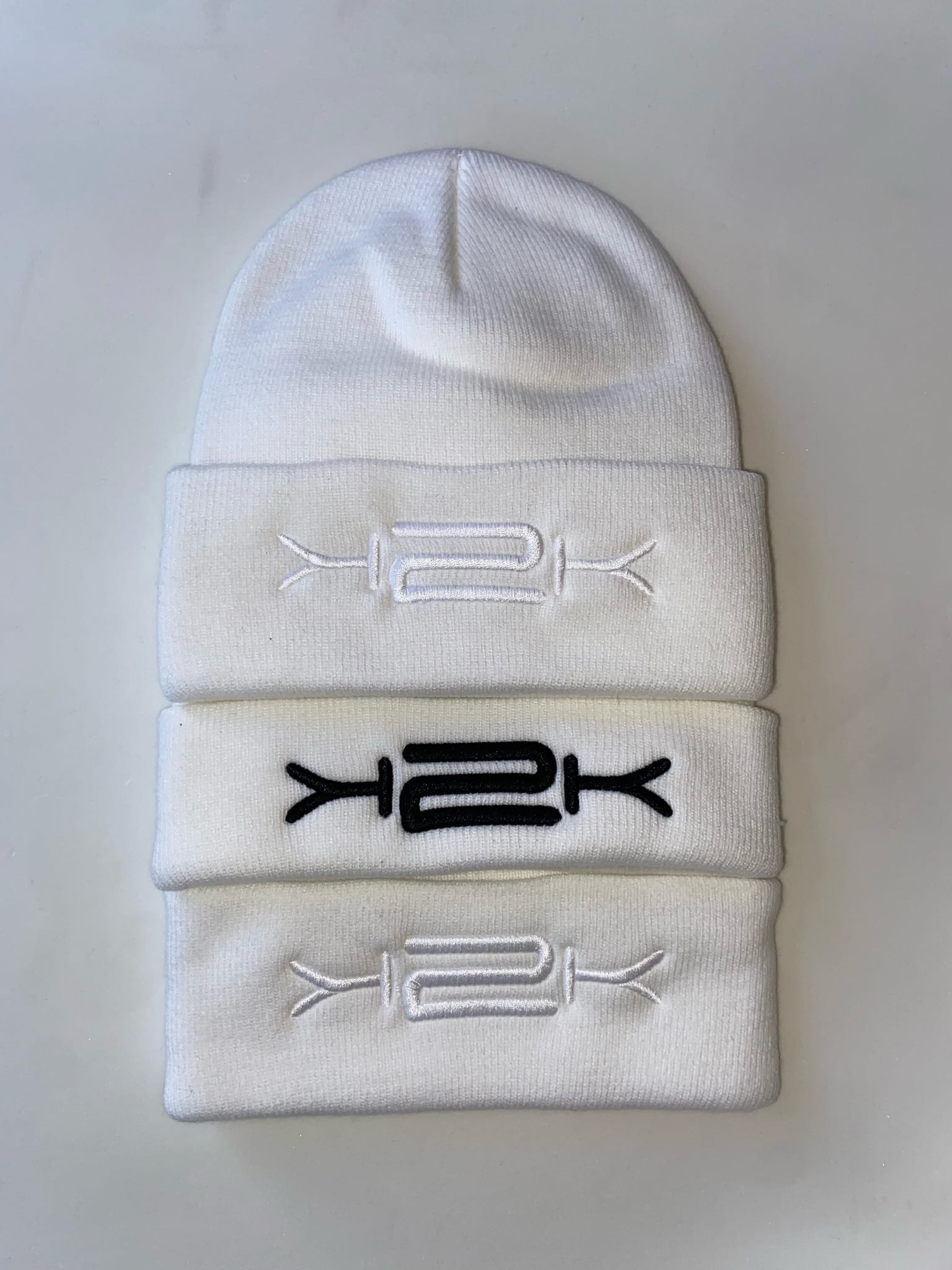 K2K white beanie with custom embroidery colour options in multiple colours