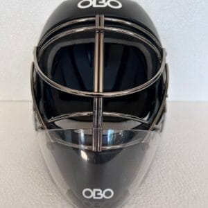 OBO ABS Large black field hockey goalkeeper helmet with silver face cage and clear throat protector