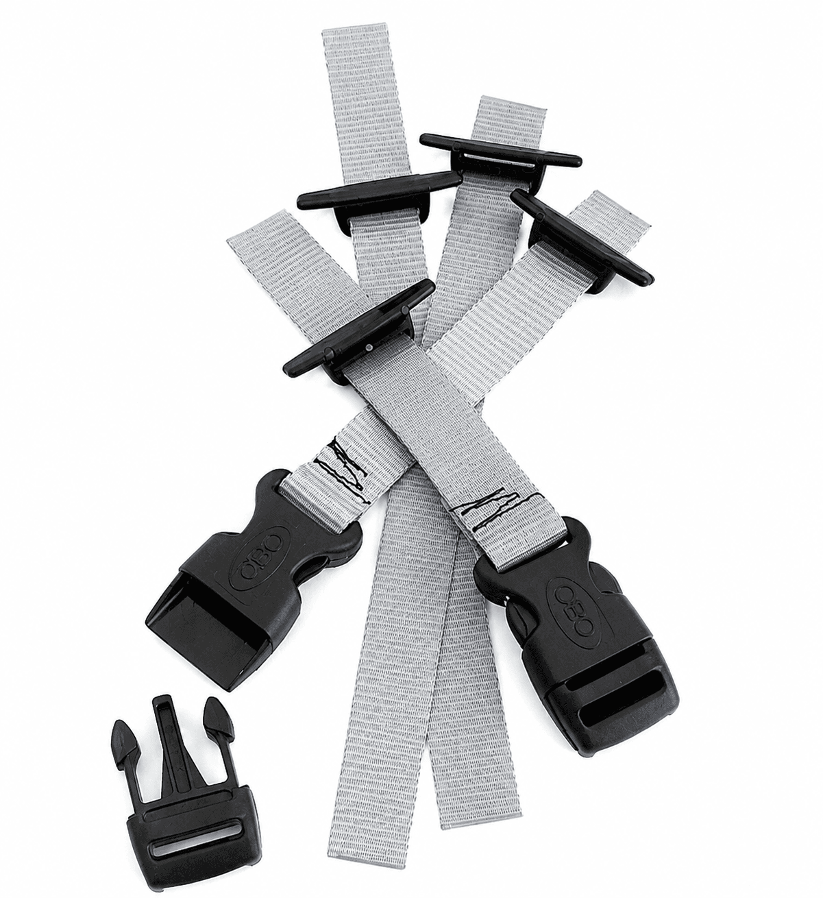OBO ROBO rear kicker straps in grey with black quick-release buckles and strap retainers