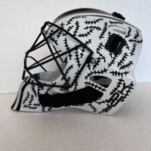 OBO PE Custom Large black and white field hockey goalkeeper helmet with black full-face cage