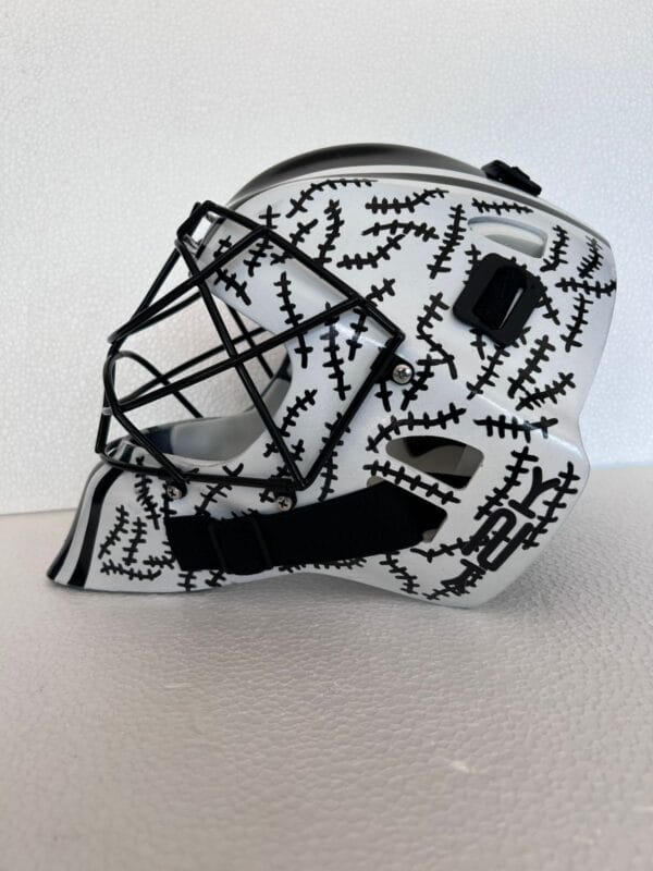 OBO PE Custom Large black and white field hockey goalkeeper helmet with black full-face cage