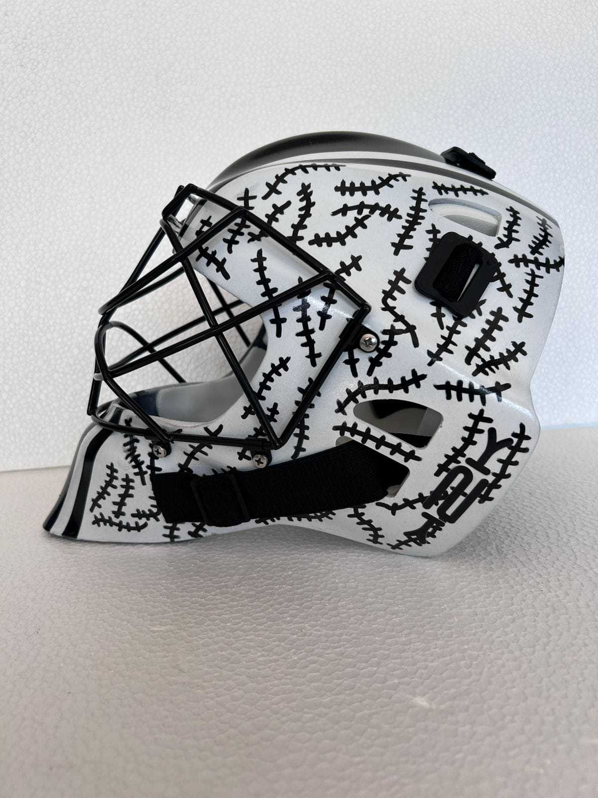 OBO PE Custom Large black and white field hockey goalkeeper helmet with black full-face cage